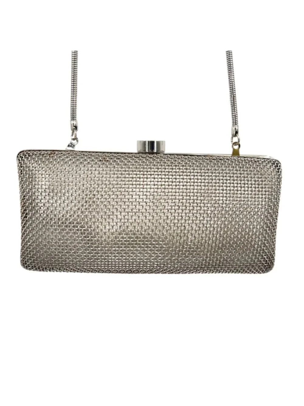 Oroton Freize Woven Silver Mesh Box Clutch Chain Strap Evening Glamour Retro